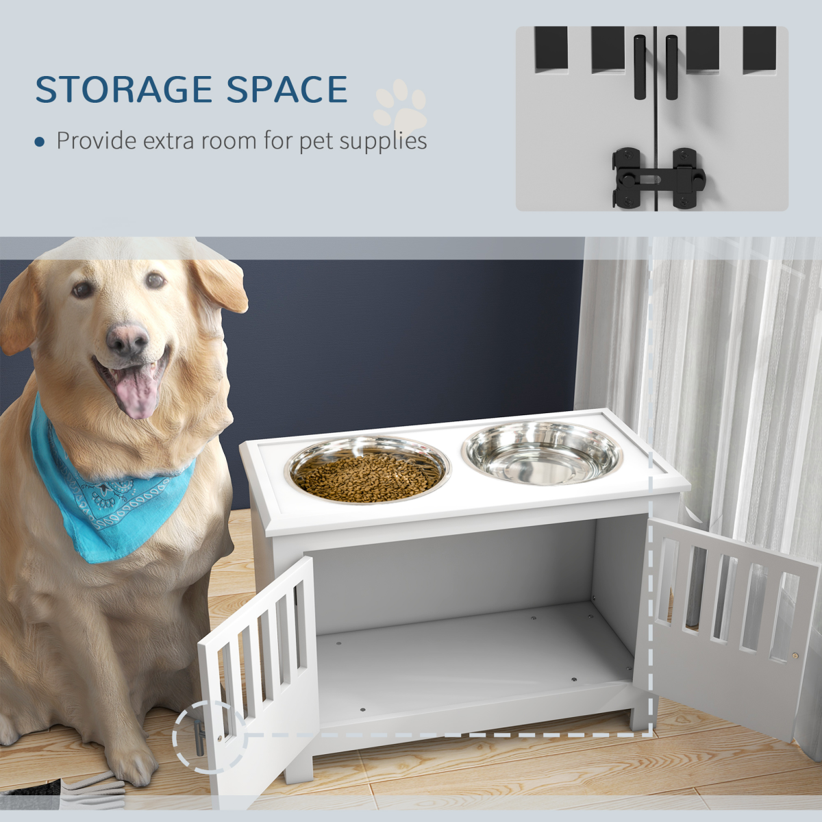 PawHut Raised 2-Bowl Dog Feeding Station for Large Dogs with Storage - White
