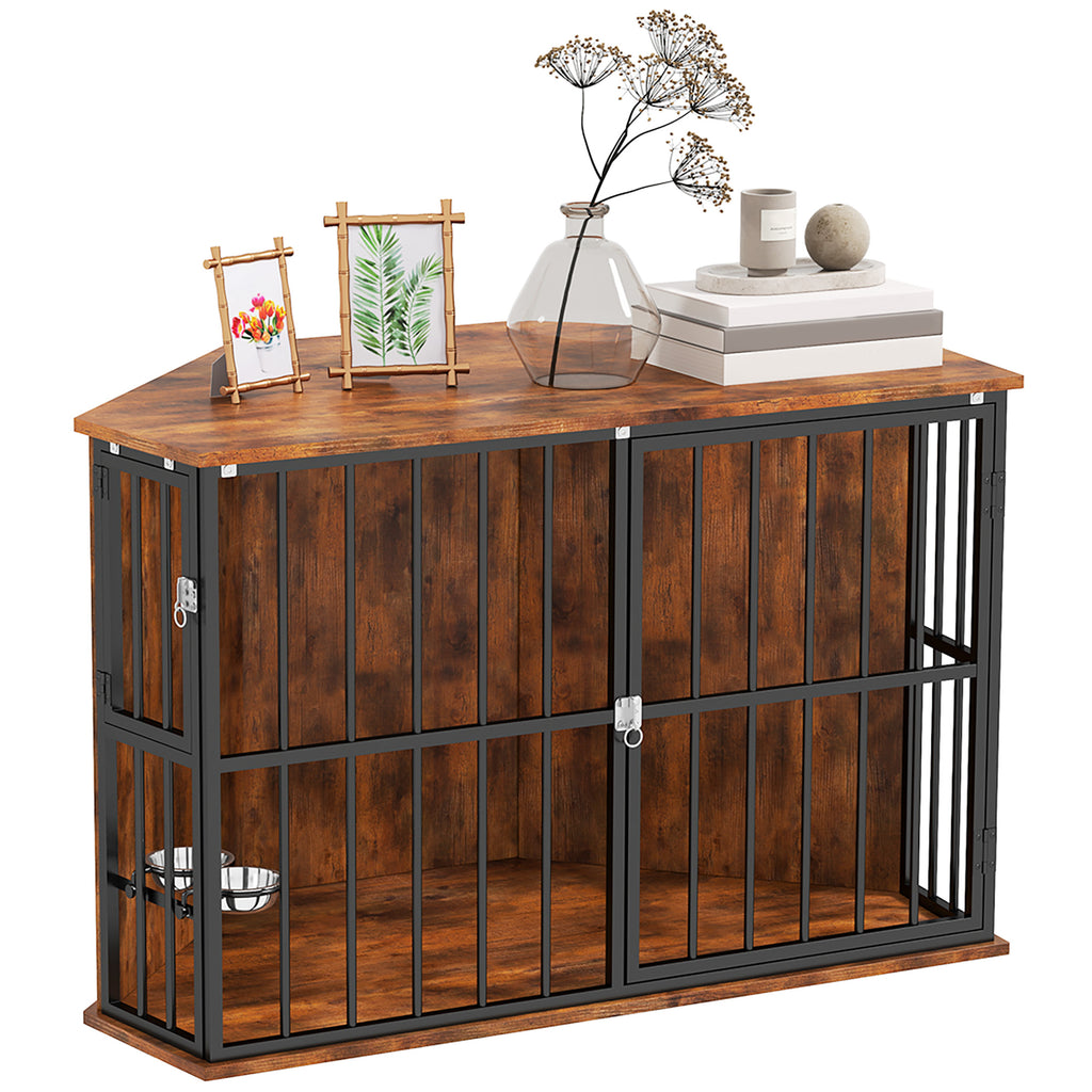 PawHut Corner Dog Crate with Dual Bowls - Space-Saving for Small & Medium Dogs