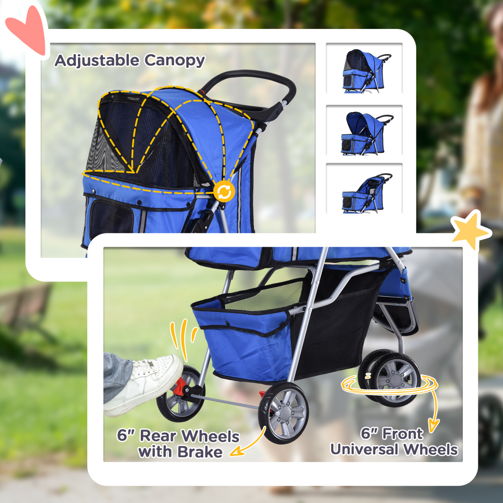 Pet Stroller Pushchair Carrier, 3-Wheel Blue Pawhut for Cats & Small Dogs