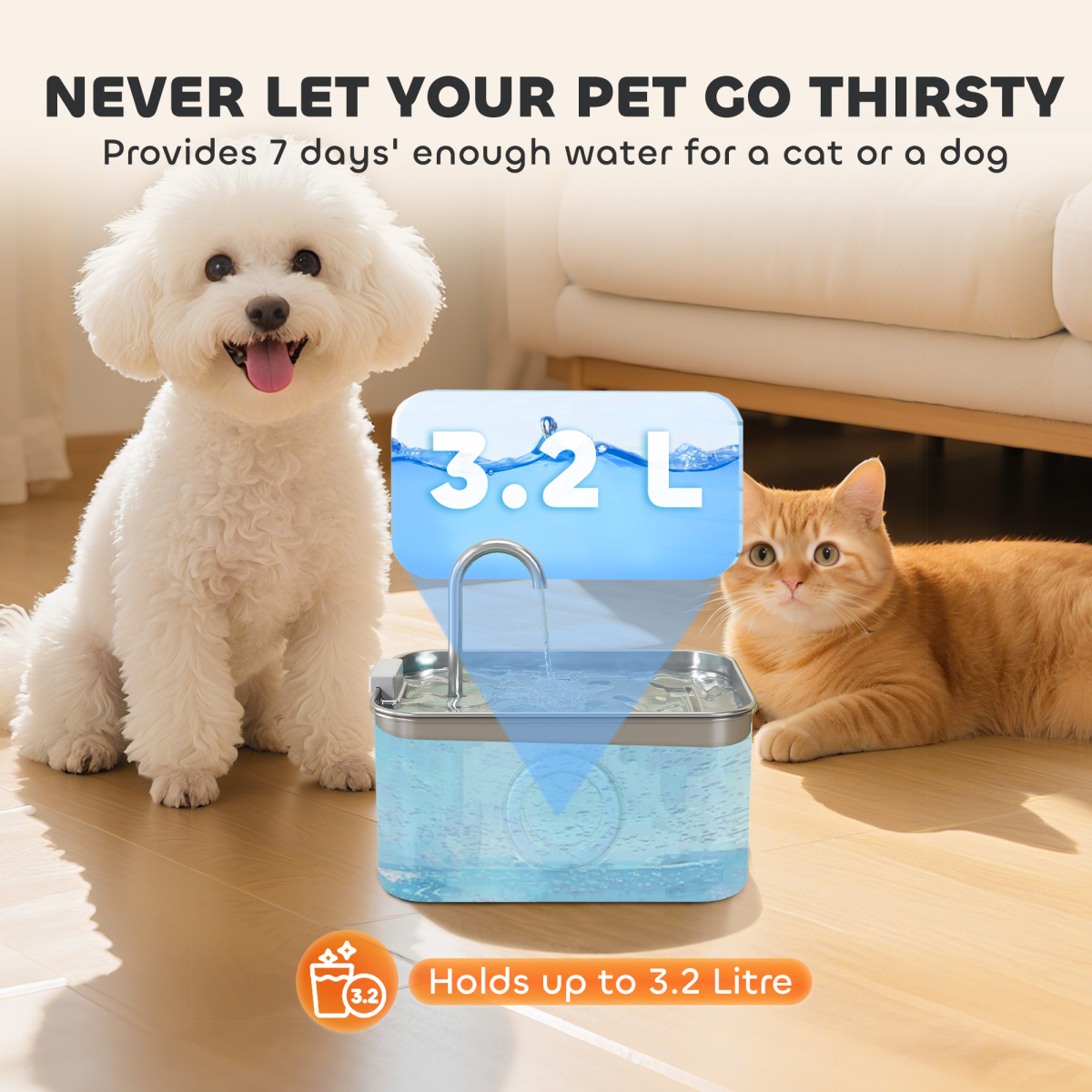 PawHut 3.2L Cat Water Fountain - Stainless Steel, Ultra-Quiet