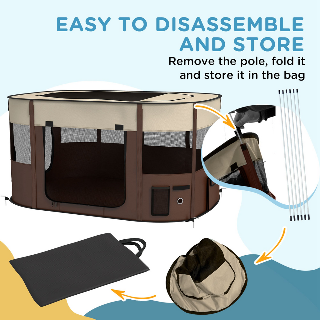 PawHut Portable Pet Pen for Small Animals - Foldable, 114x89x59 cm, Brown