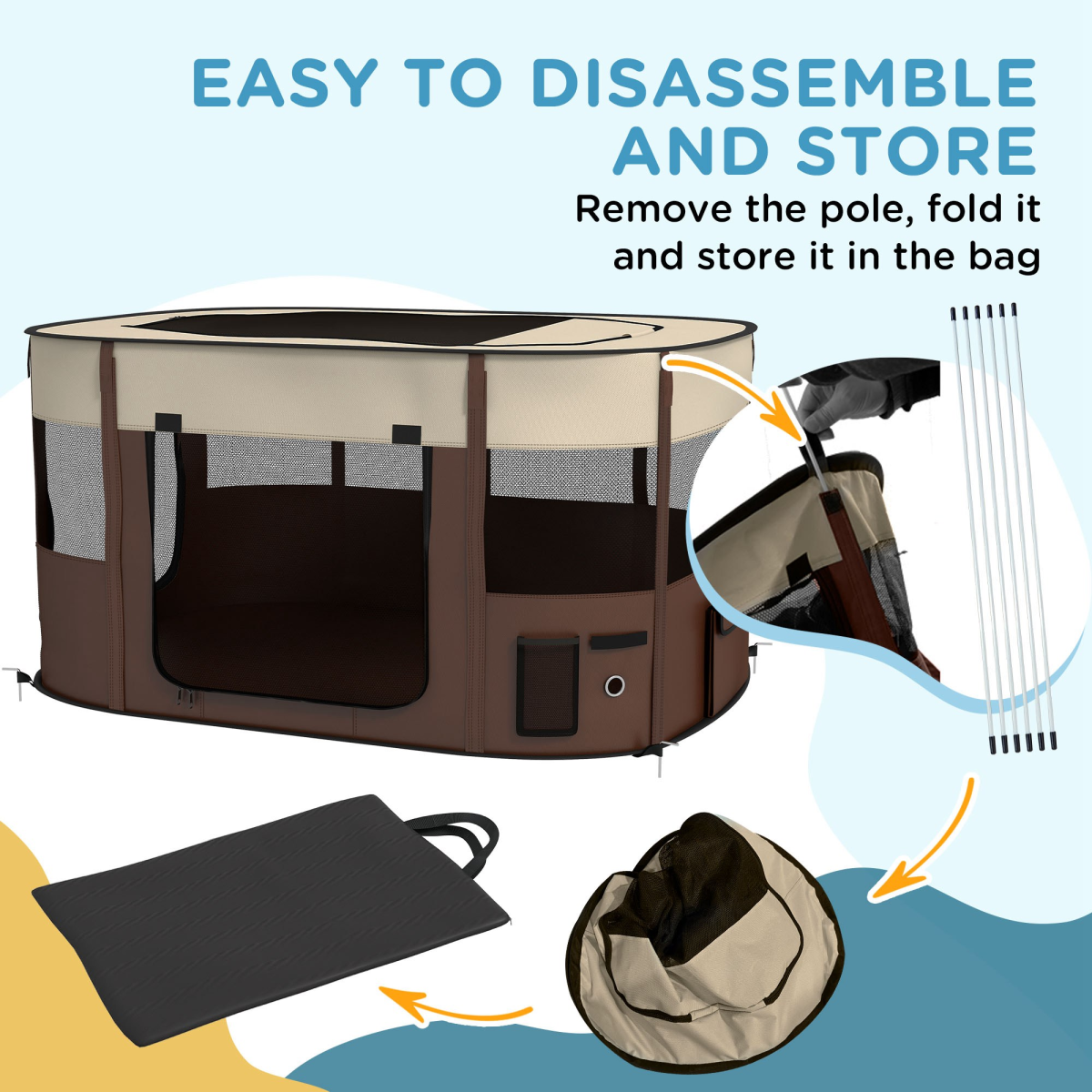 PawHut Portable Pet Pen for Small Animals - Foldable, 114x89x59 cm, Brown