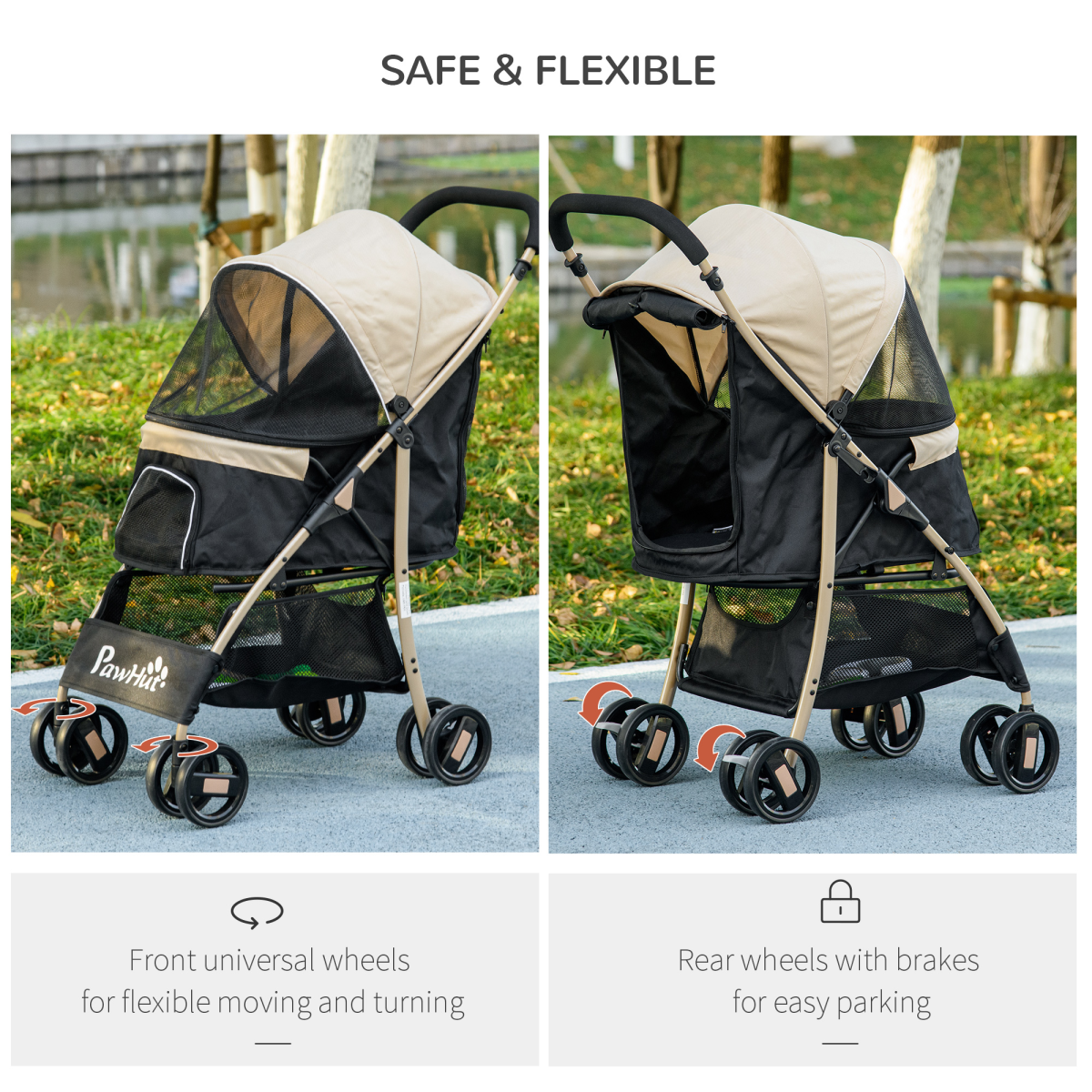 PawHut XS/S Dog Stroller with Rain Cover - Khaki, Adjustable Canopy