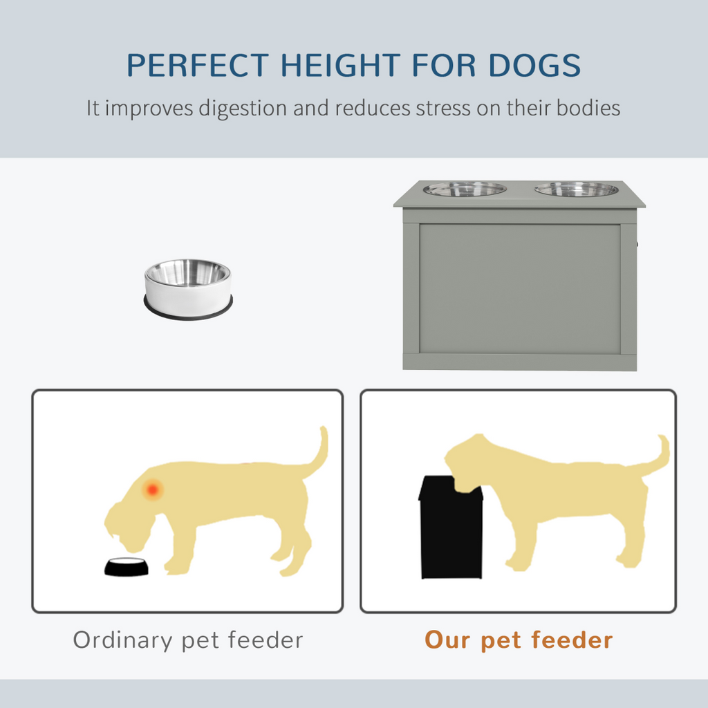 Grey Elevated Dual Pet Bowls with Storage Stand - Stainless Steel