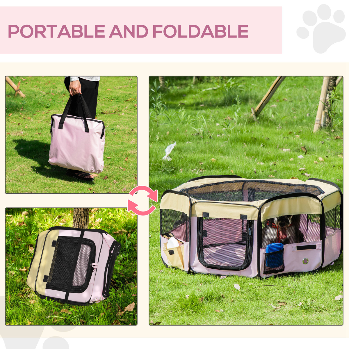 Pink Fabric Pet Playpen - Portable, Foldable Mesh Enclosure for Small Pets