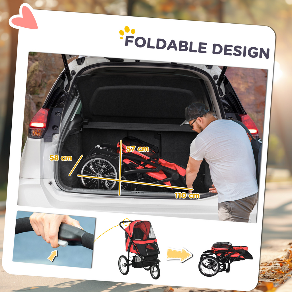 Foldable Pet Stroller Jogger w/ Canopy, Three Wheels, for Medium Dogs - Red