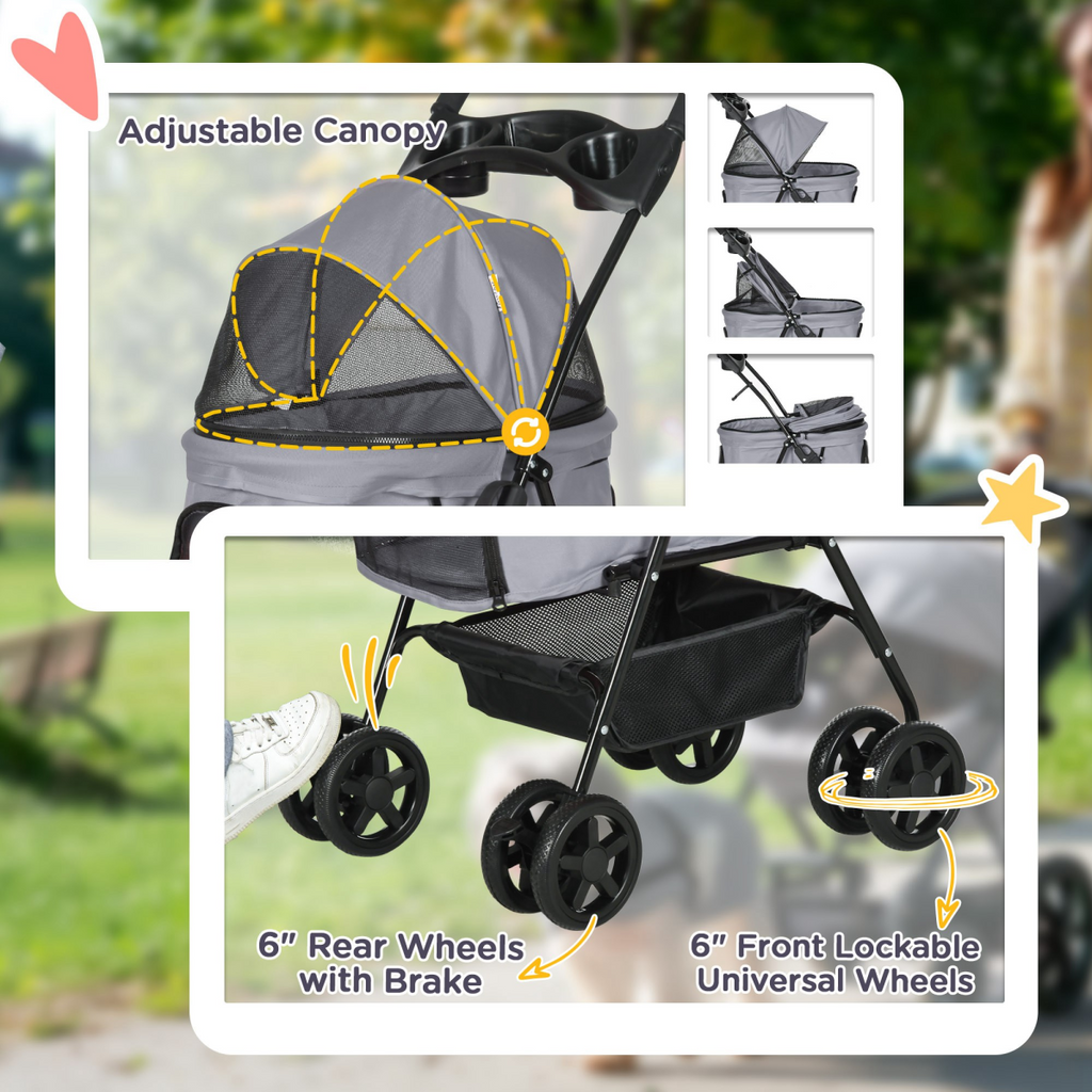 No-Zip Foldable Pet Stroller with Brake Basket, 360° Wheels, Adjustable Canopy