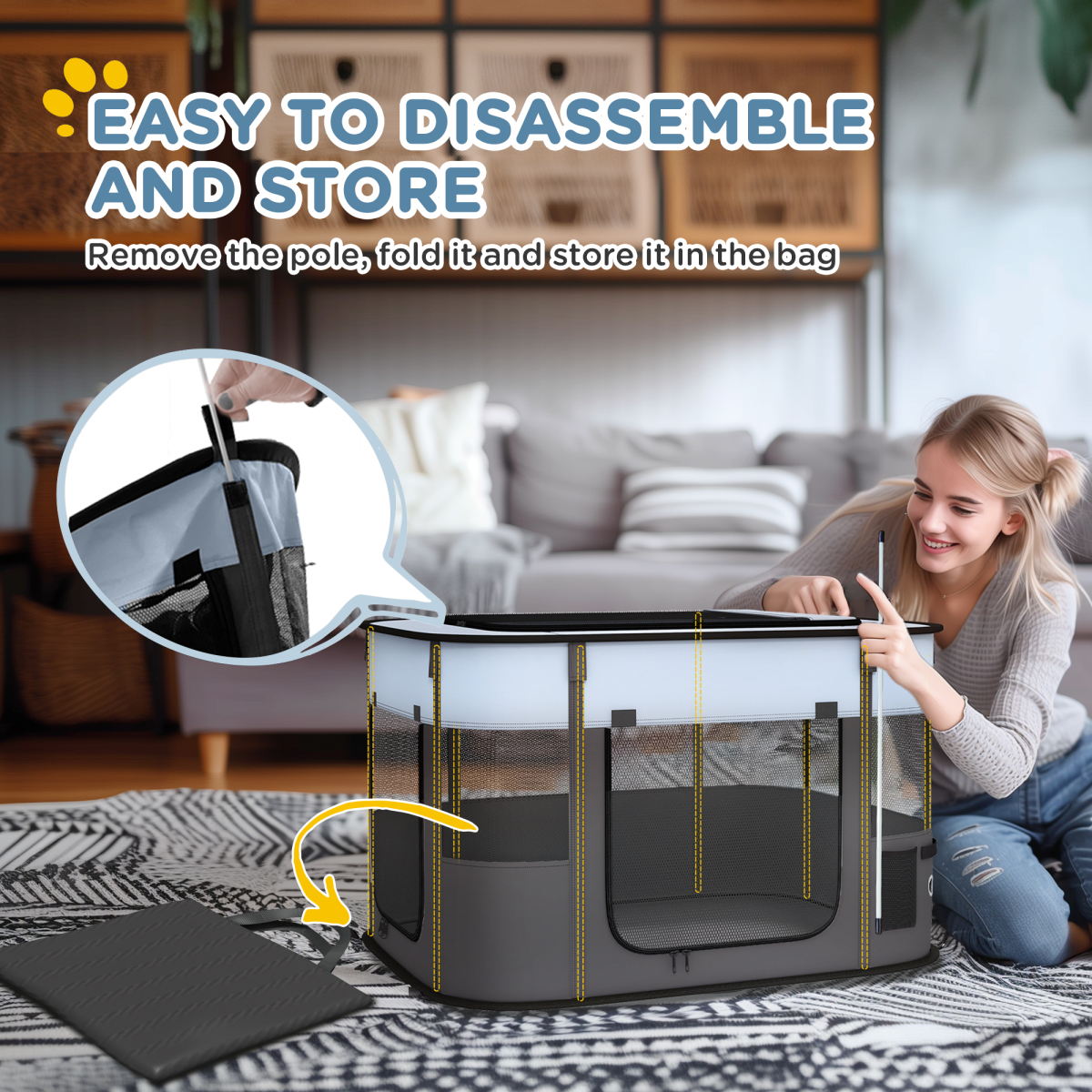 PawHut Portable Pet Playpen - Foldable, Multi-Door, 84x64x53 cm (Grey)