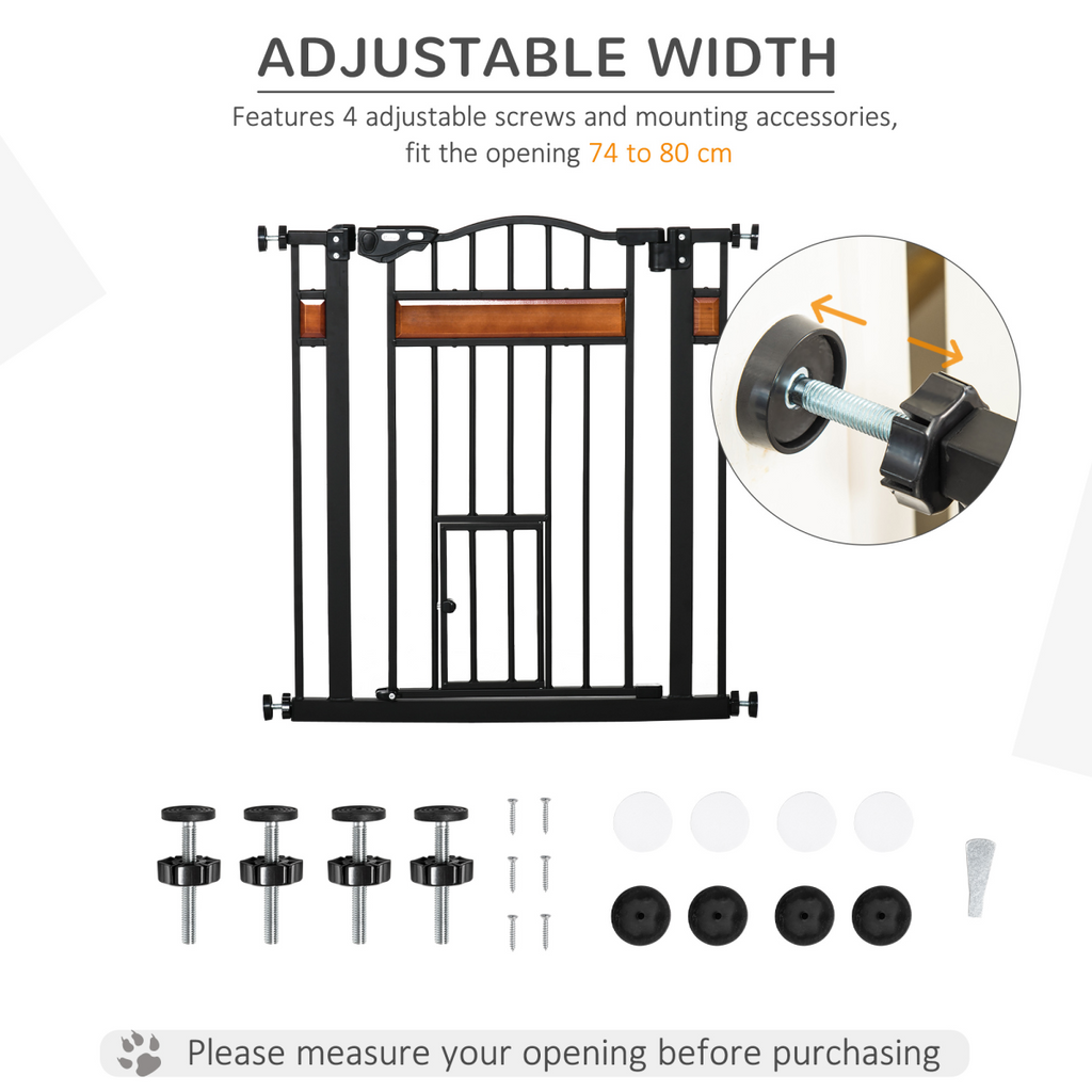 Pawhut Pet Safety Gate with Cat Door, Auto-Close, Pine Decor, 74-80 cm