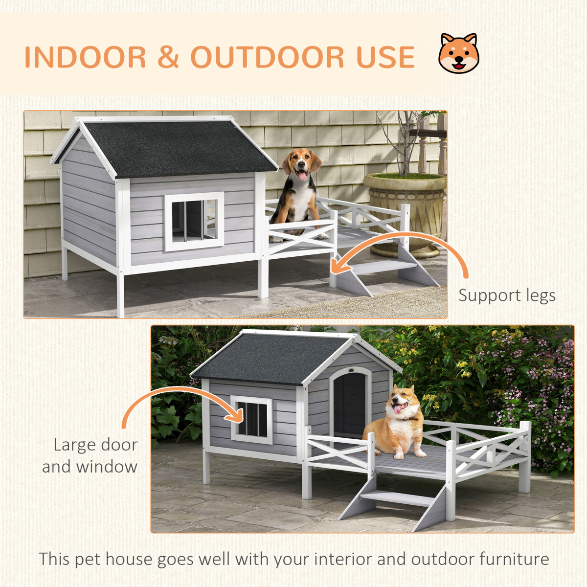 PawHut Wooden Dog House with Porch & Waterproof Roof - For Small/Medium Dogs