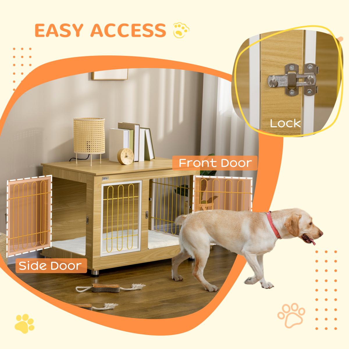 Oak-Style Dog Crate End Table with Plush Cushion & Double Doors