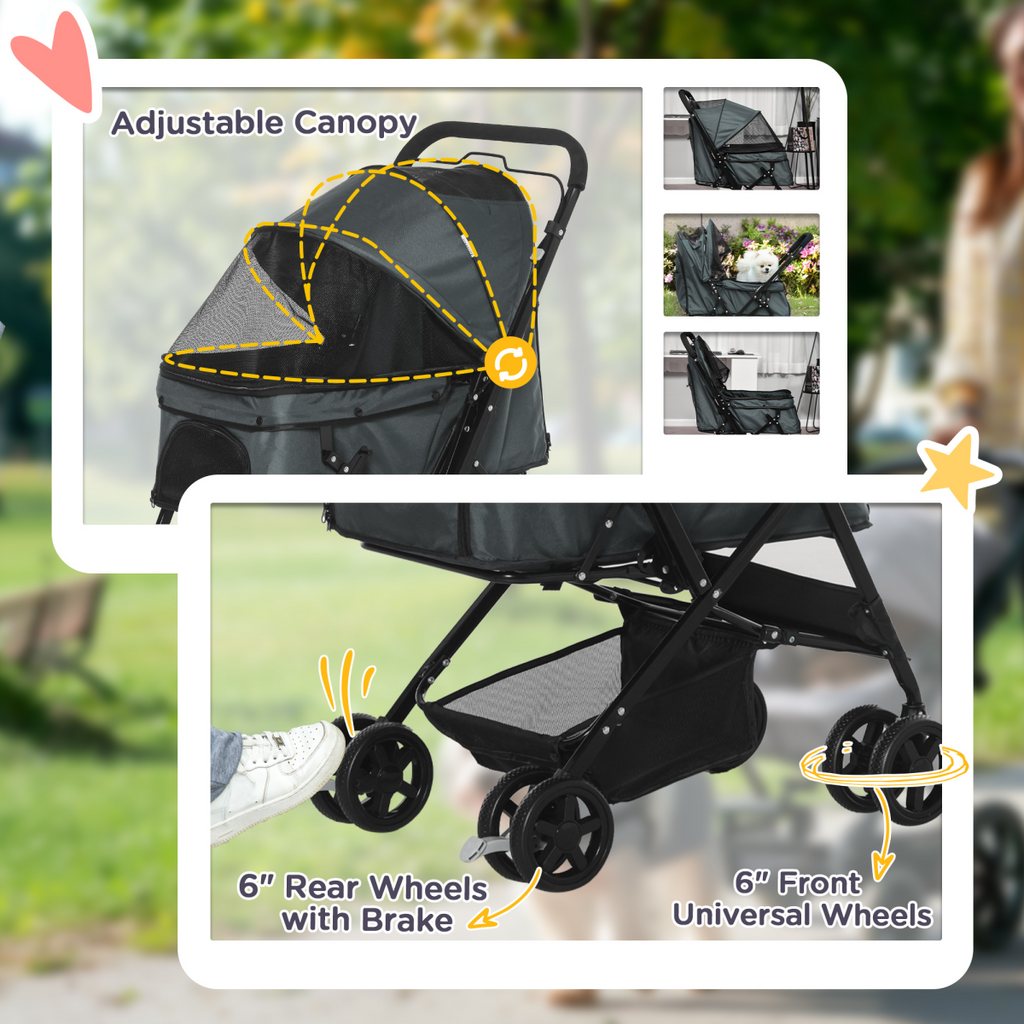 PawHut Foldable Pet Stroller with Reversible Handle - Grey