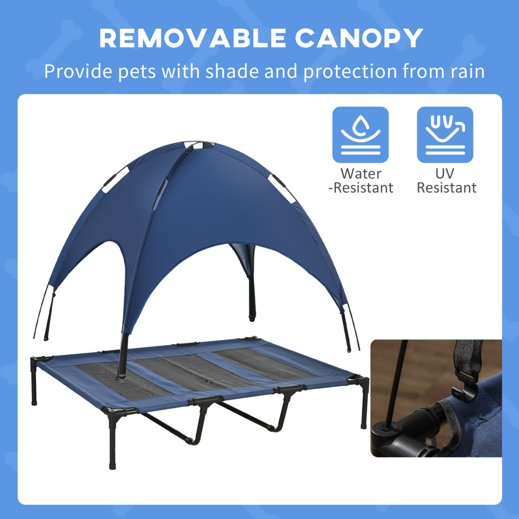 PawHut 122cm Elevated Dog Bed with Canopy - UV Shade, Cooling Raised Cot, Blue