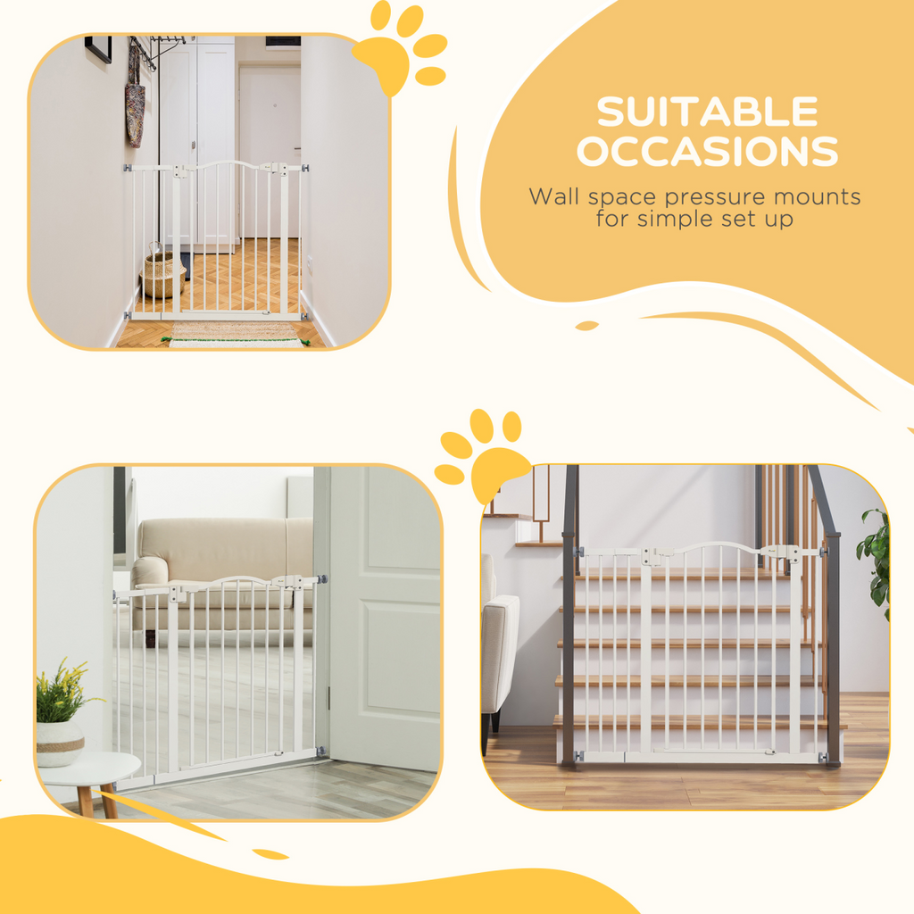 PawHut 74-94cm Auto-Close Metal Pet Gate with Double-Locking - White