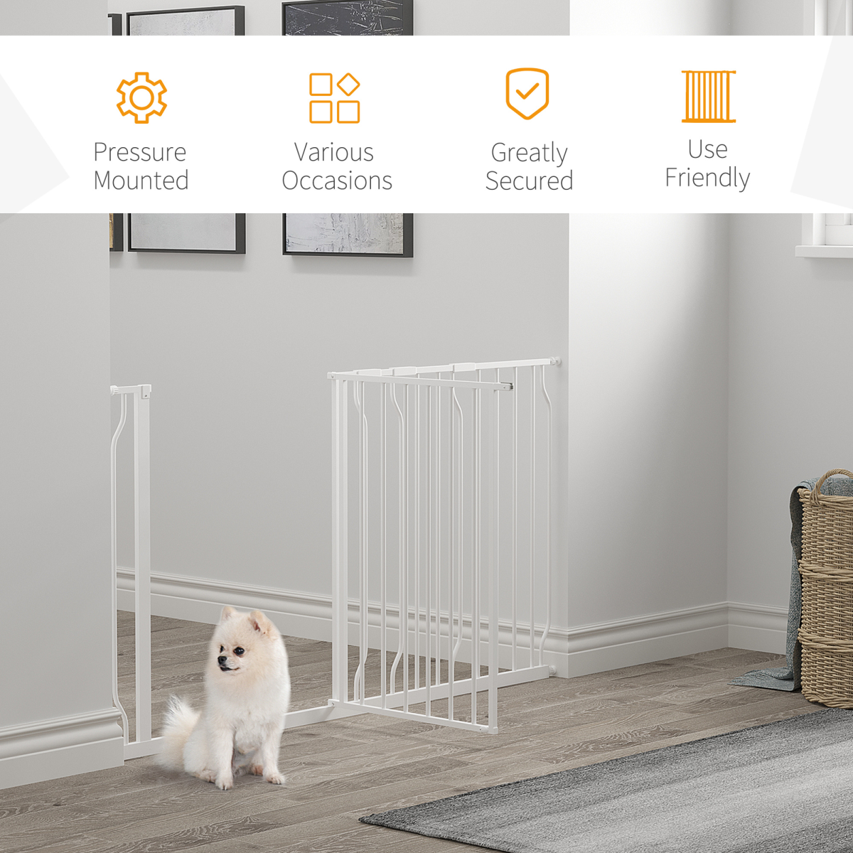 White Adjustable Pet Safety Gate - Metal Dog Barrier for Doorways