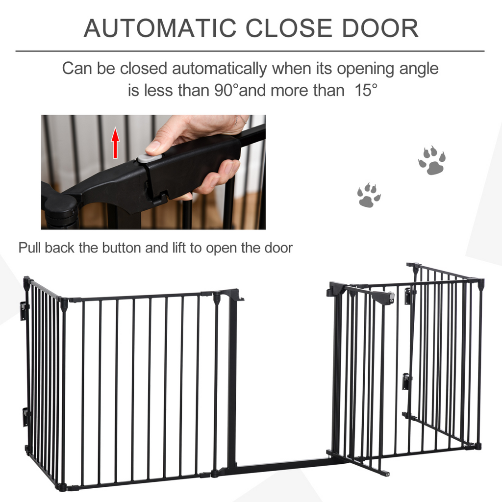 5-Panel Pet Gate Dog Playpen - Indoor Stair Barrier with Walk-Through Door Black