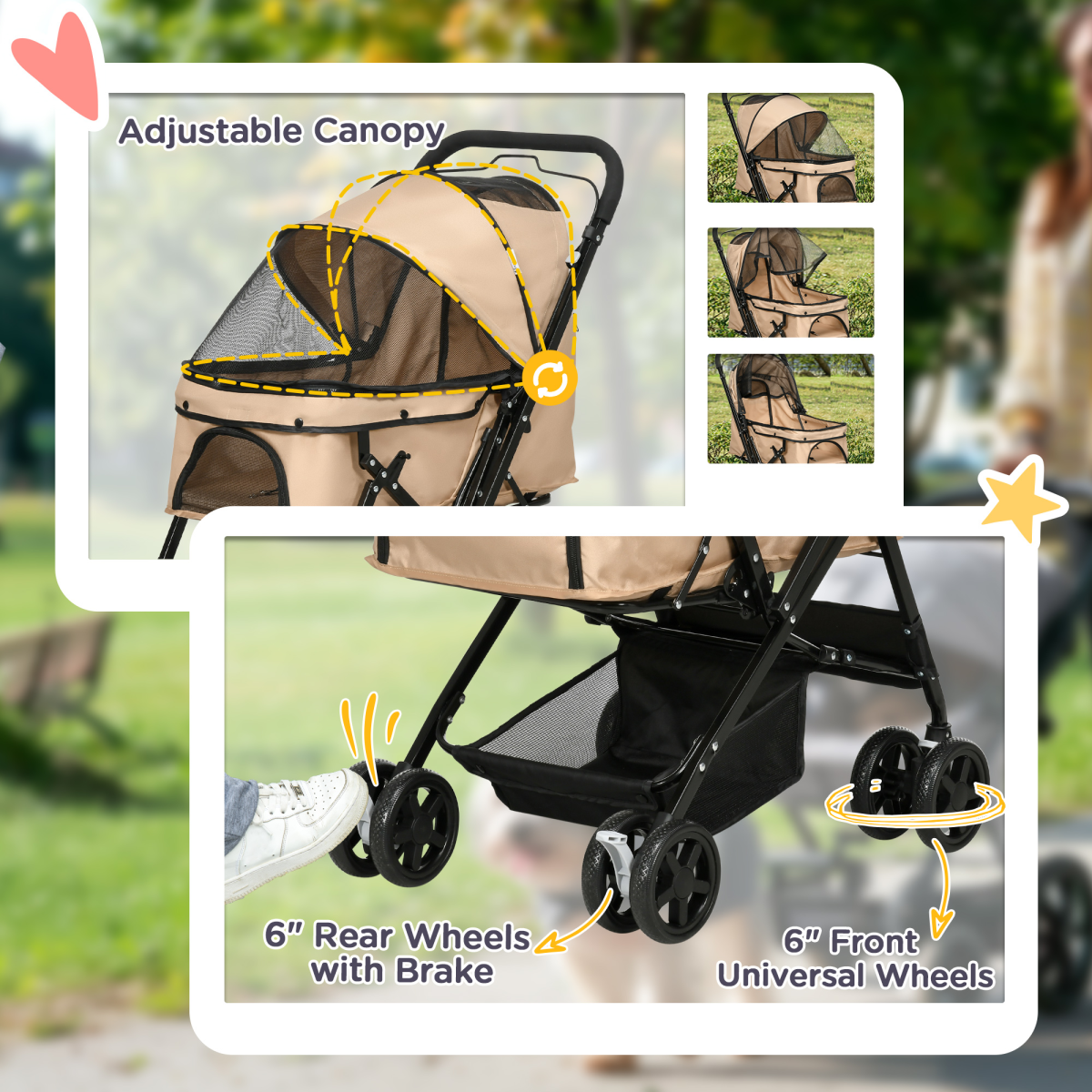 Foldable Pet Stroller for Small Dogs — Reversible Handle, Brown