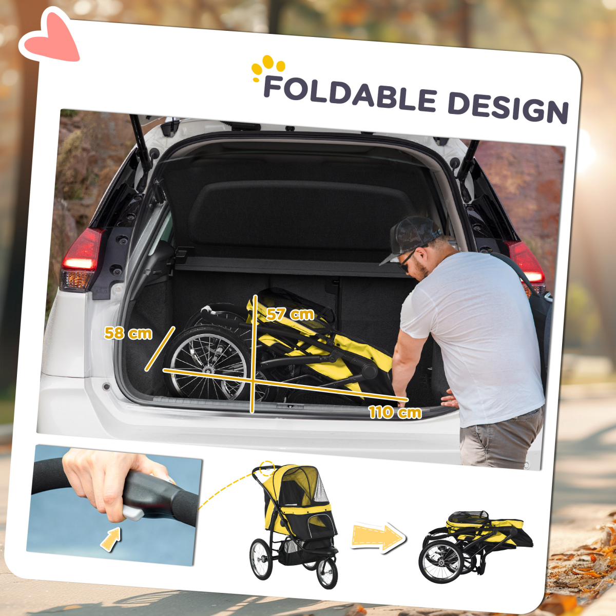 PawHut 3-Wheel Pet Stroller for Small/Medium Dogs & Cats - Foldable, Yellow