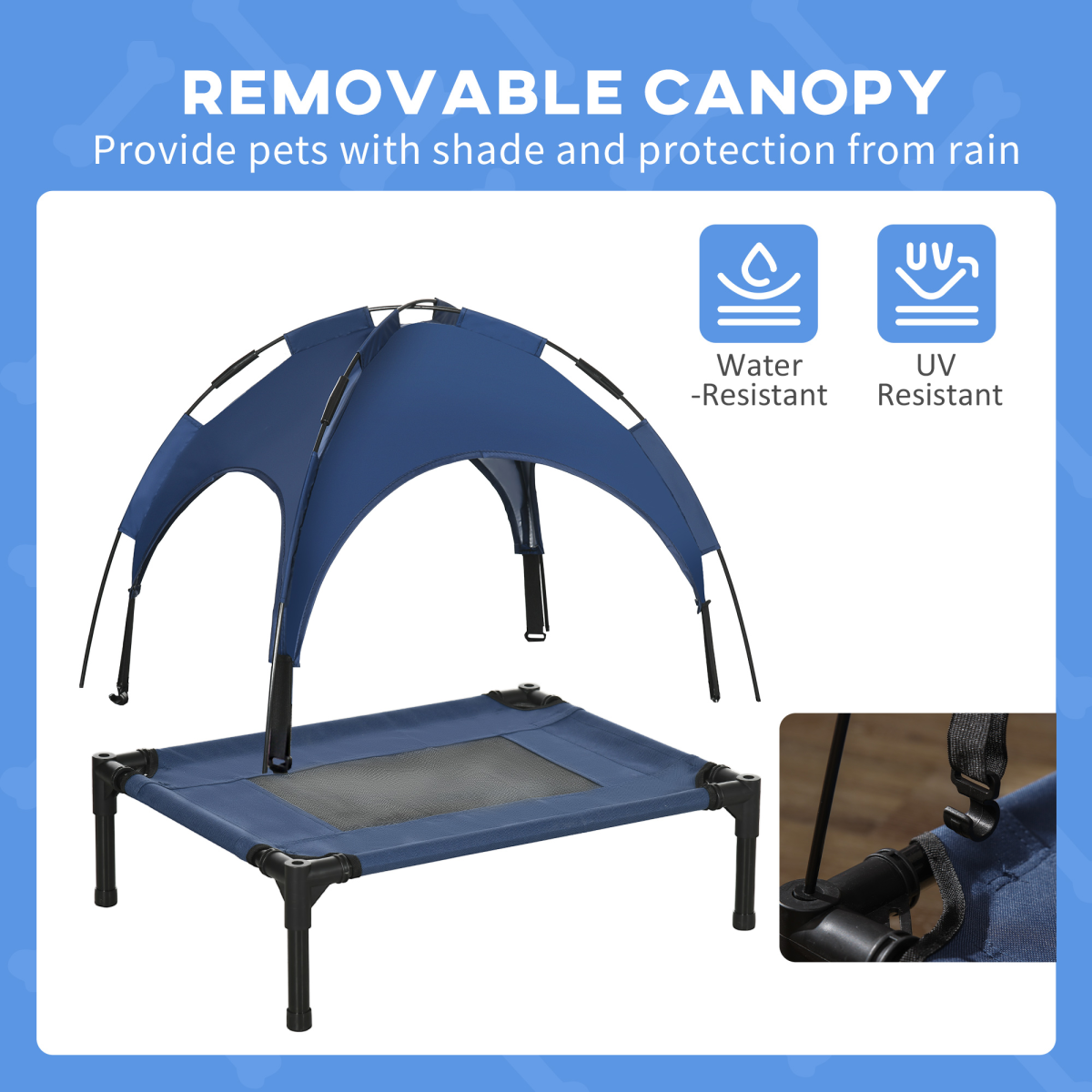 Elevated Outdoor Dog Bed with Canopy - Cooling Raised Cot, UV Shade Blue