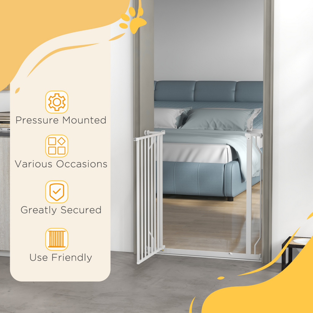 PawHut Wide Stair Gate with Door, Pressure-Fit, 75-85cm, White