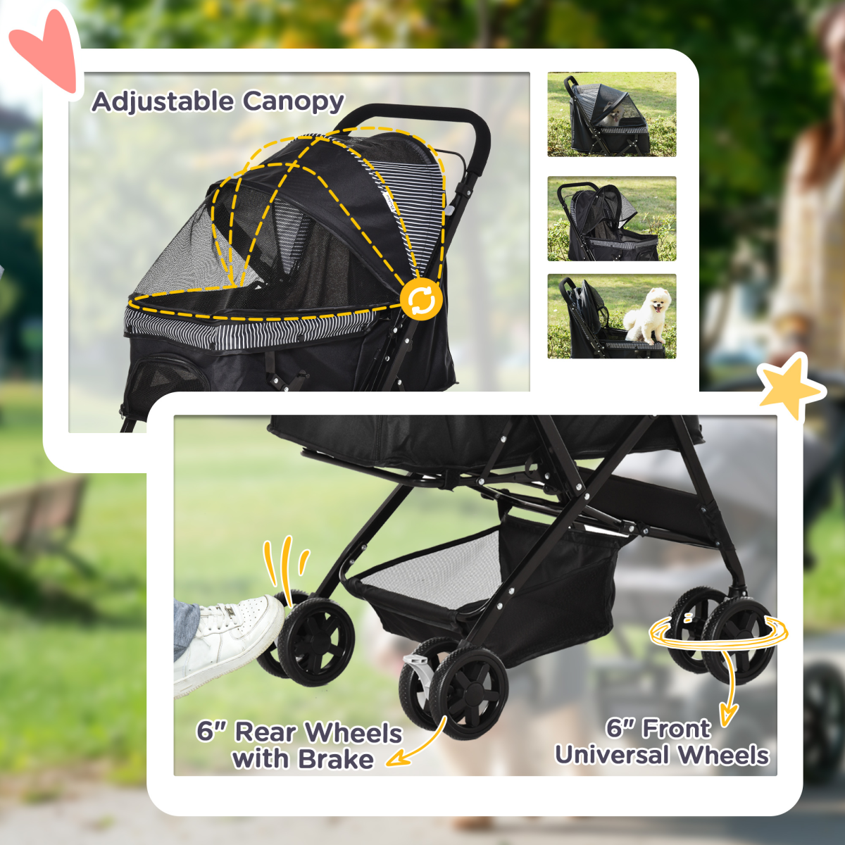 Foldable Pet Stroller with Reversible Handle - Four-Wheel Travel Carriage Black
