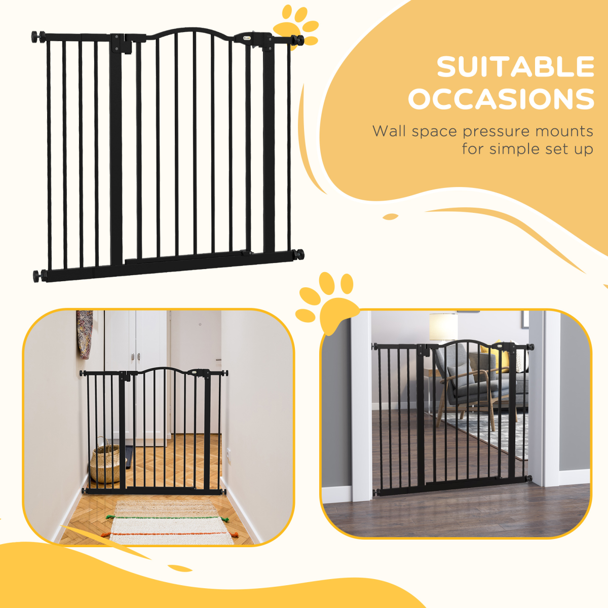 PawHut 74-94cm Adjustable Metal Pet Gate with Auto-Close Black