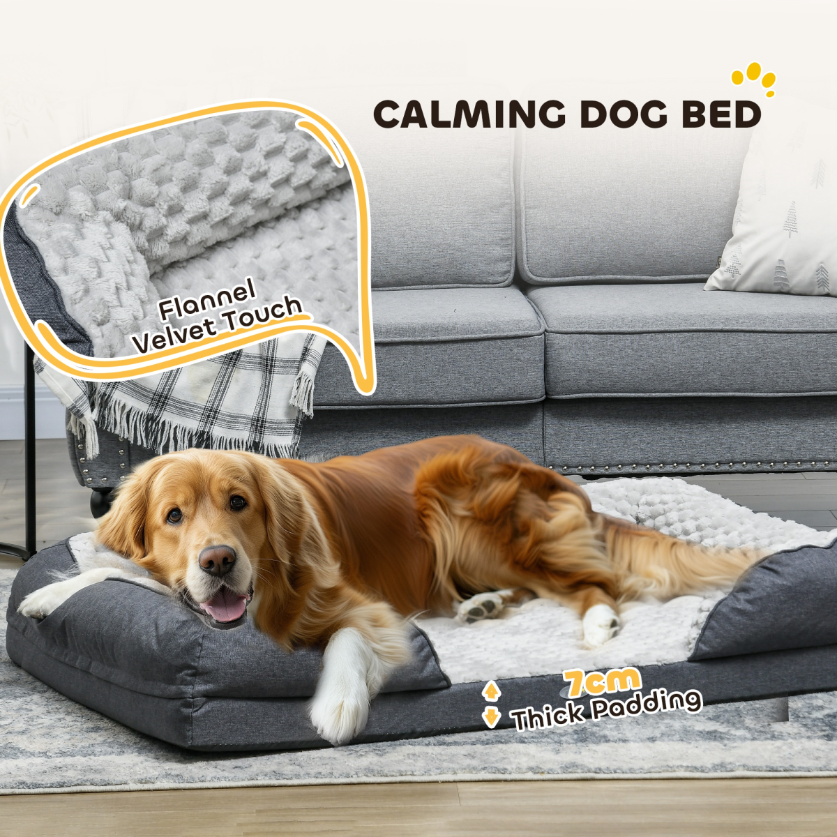 PawHut Large Dog Bed Calming Velvet Padding 7cm - Charcoal Grey