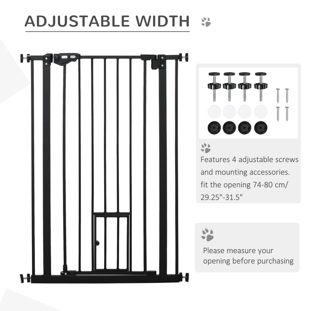 Extra Tall Dog Gate with Auto-Close & Cat Door for Stairs, 74-80 cm Wide