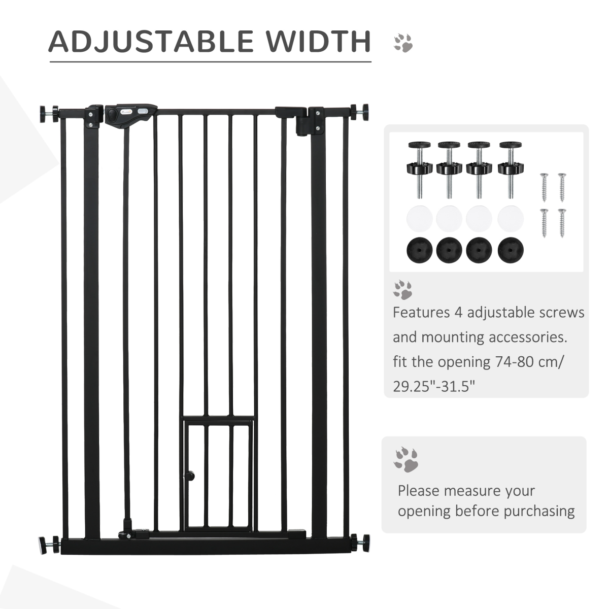 Extra Tall Dog Gate with Auto-Close & Cat Door for Stairs, 74-80 cm Wide