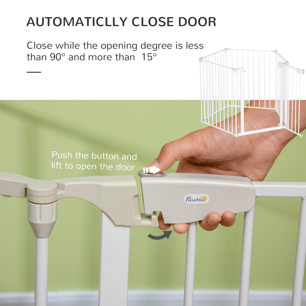 5-Panel Pet Gate Playpen, Indoor Stair Barrier with Walk-Through Door, White