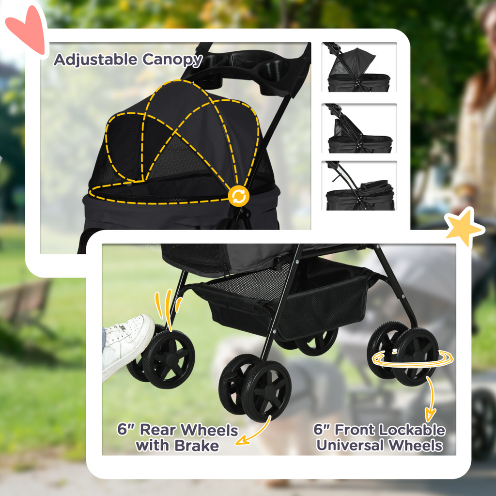 PawHut Foldable Pet Stroller with Brakes, Canopy & Mesh Front - Black