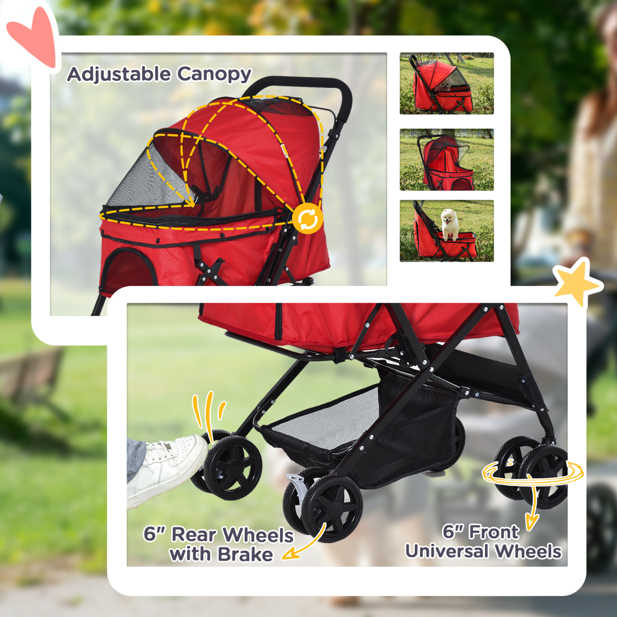Foldable Four-Wheel Pet Stroller with Reversible Handle, Brakes & Storage