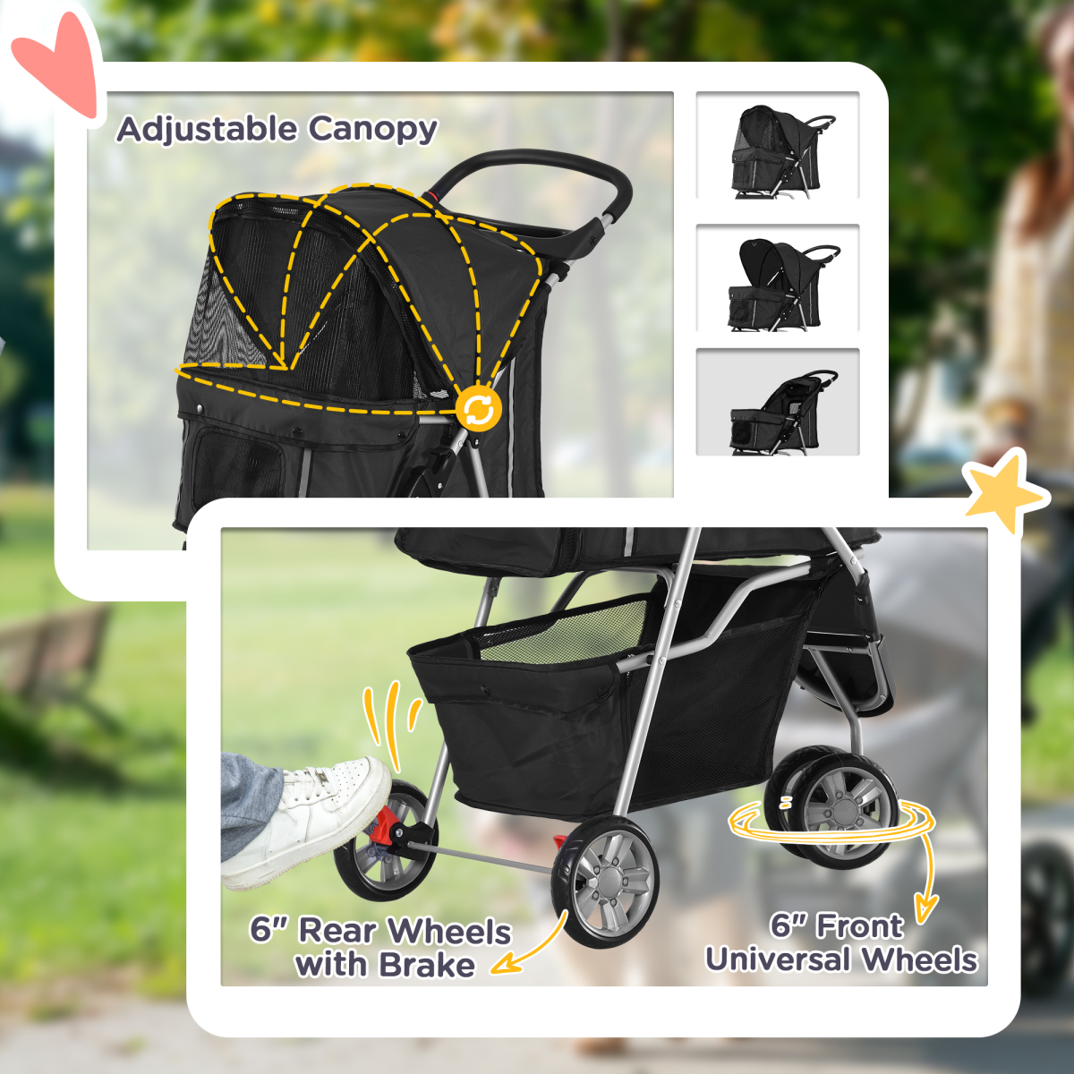 3-Wheel Cat & Dog Pet Stroller Carrier with Brake & Breathable Mesh - Black