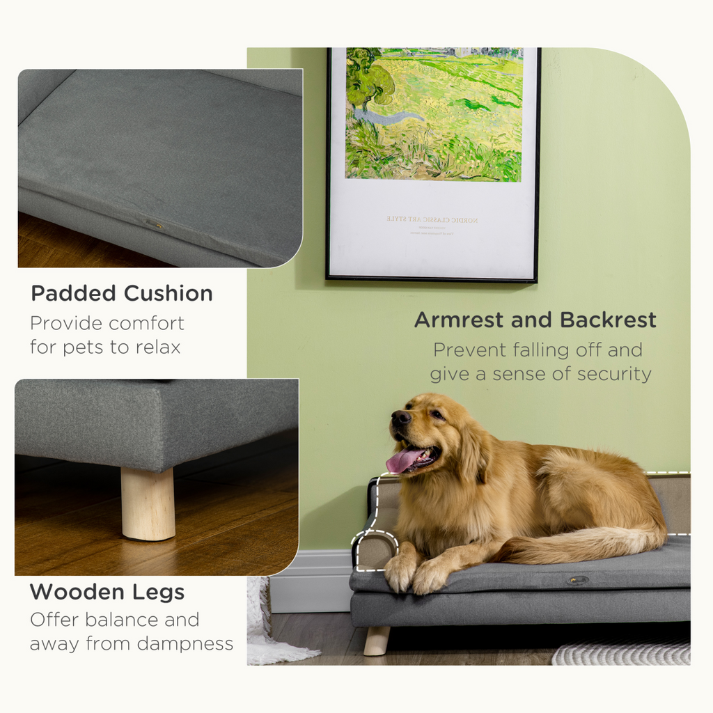 Pet Sofa Bed for Large & Medium Dogs - Wooden Legs, Grey, Water-Resistant