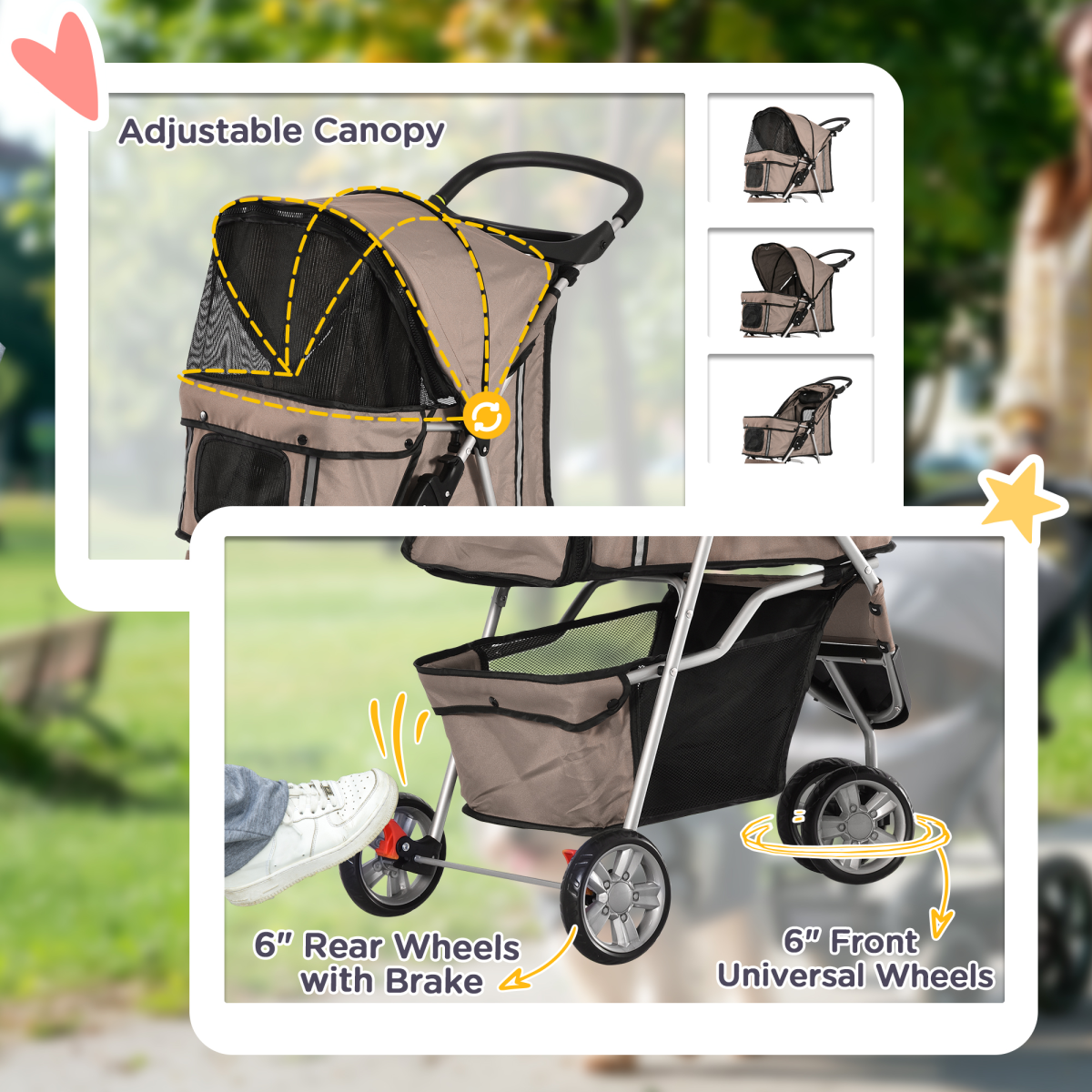 Pawhut 3-Wheel Pet Stroller Carrier for Cats & Puppies, Brown