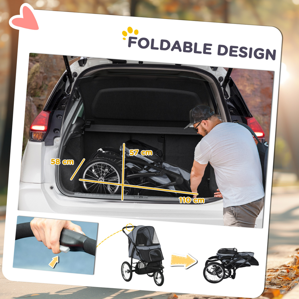 3-Wheel Pet Stroller for Small/Medium Dogs, Foldable Grey Pram