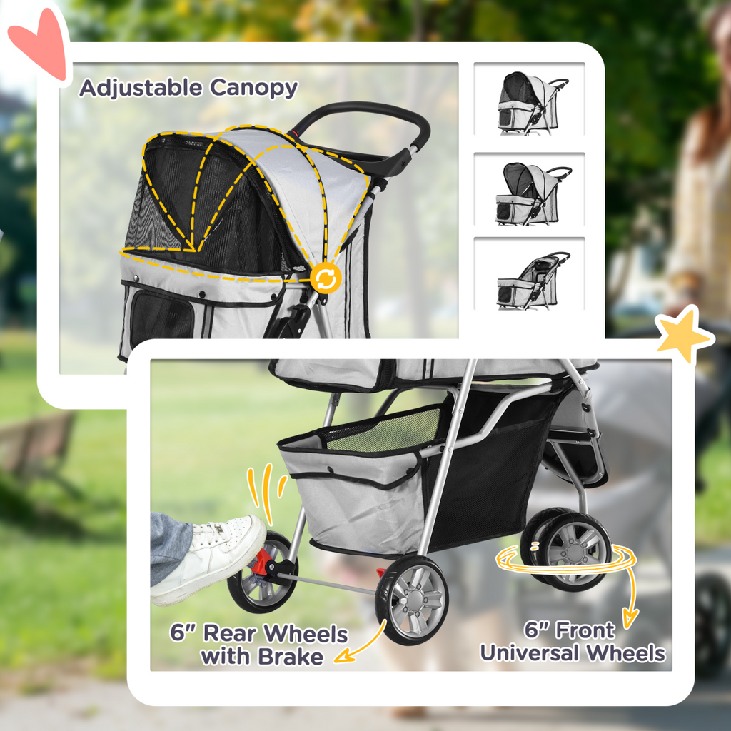 Pawhut 3-Wheel Pet Stroller Carrier for Cats & Small Dogs, Grey