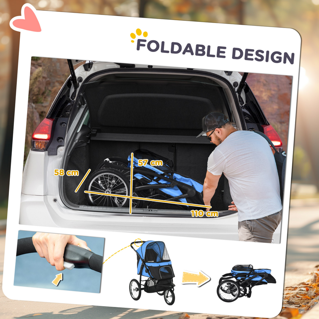 3-Wheel Pet Stroller for Small/Medium Dogs, Foldable Cat Pram - Blue
