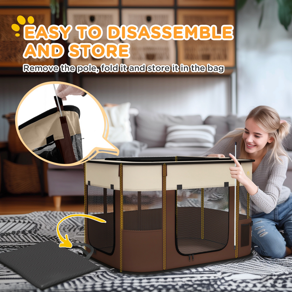 PawHut Portable Pet Pen for Small Animals - Brown, Foldable & Ventilated