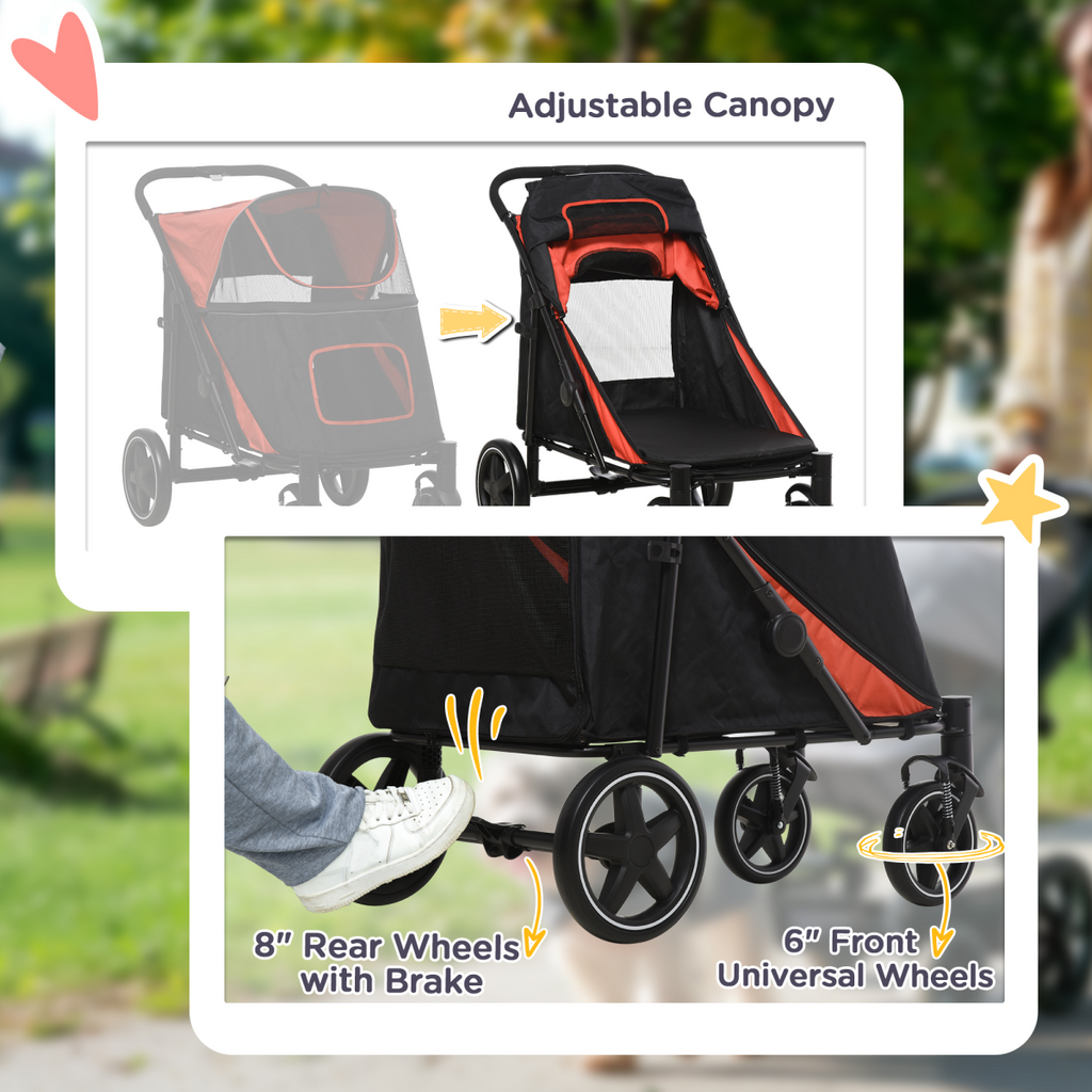PawHut Foldable Dog Carriage with Universal Wheels and Shock Absorber - Red