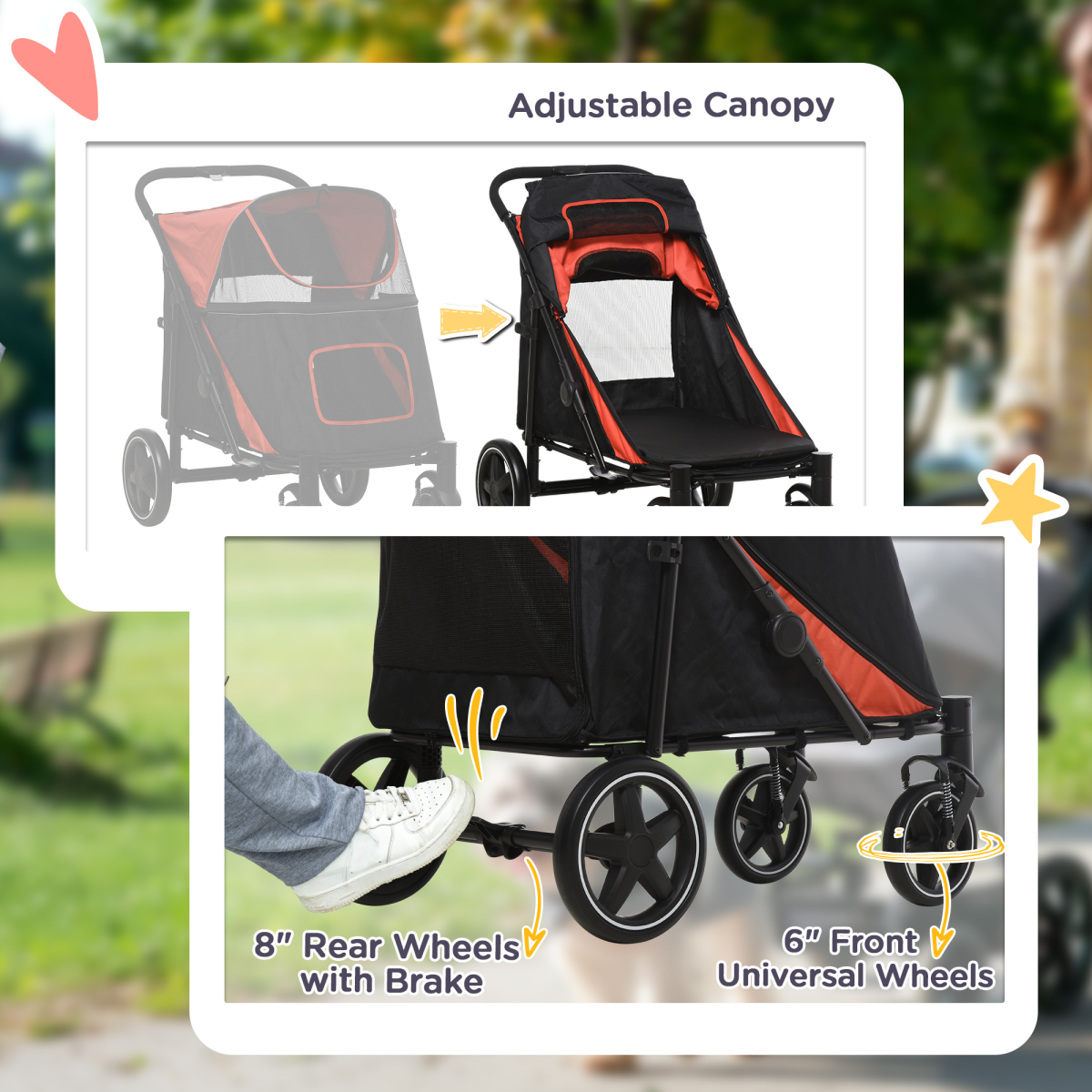 PawHut Foldable Dog Carriage with Universal Wheels and Shock Absorber - Red