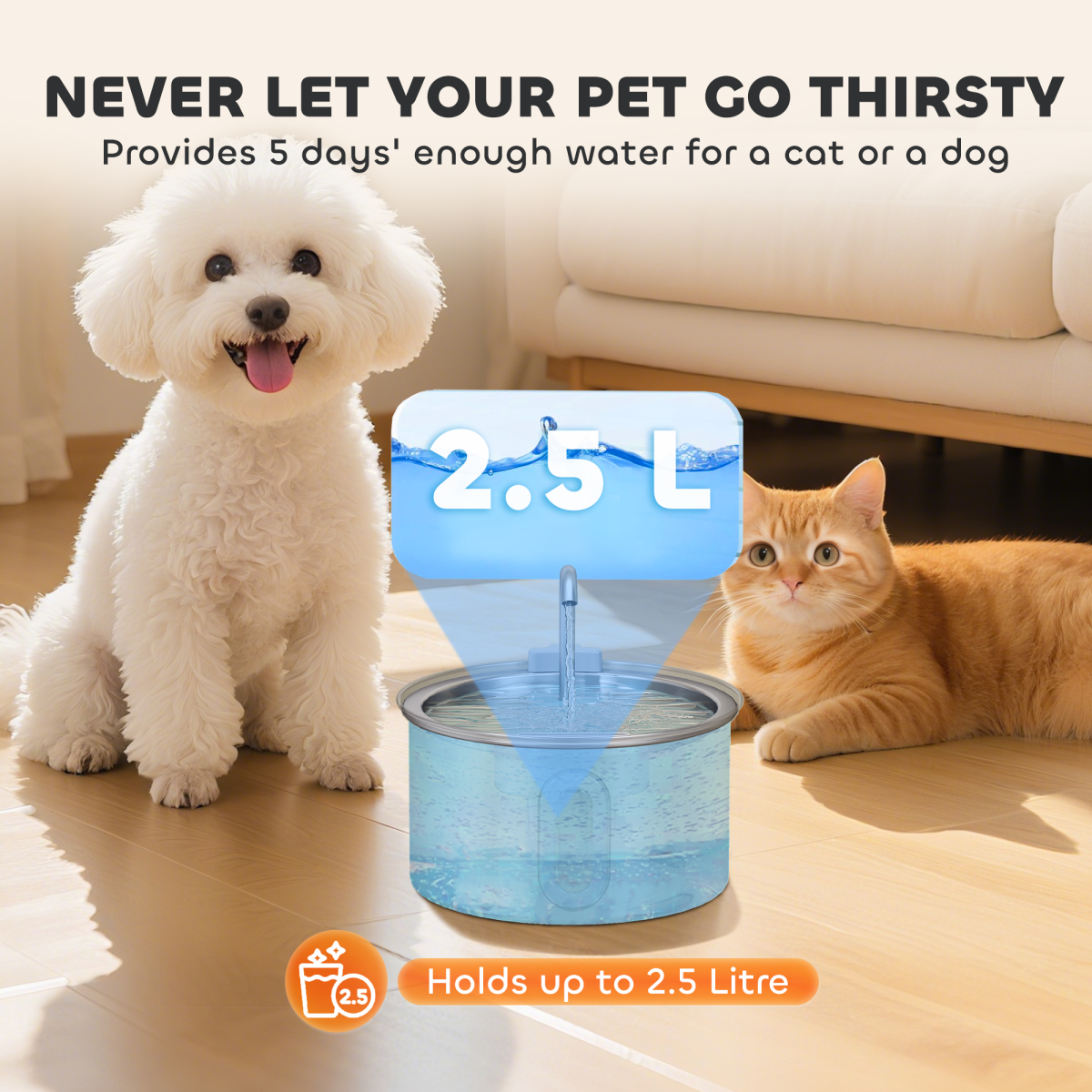 PawHut 2.5L Stainless Steel Cat Water Fountain - Ultra-Silent
