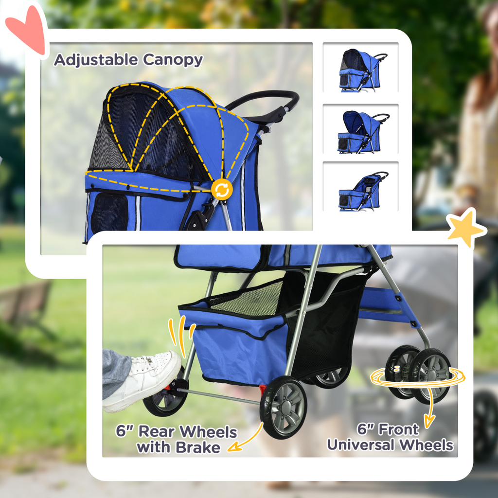 4-Wheel Pet Stroller for Small Dogs & Cats - Foldable, Leash Inside, Mesh Windows