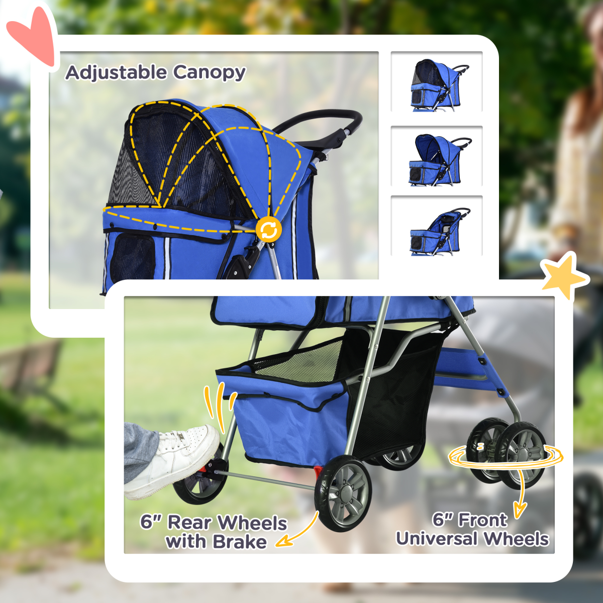 4-Wheel Pet Stroller for Small Dogs & Cats - Foldable, Leash Inside, Mesh Windows