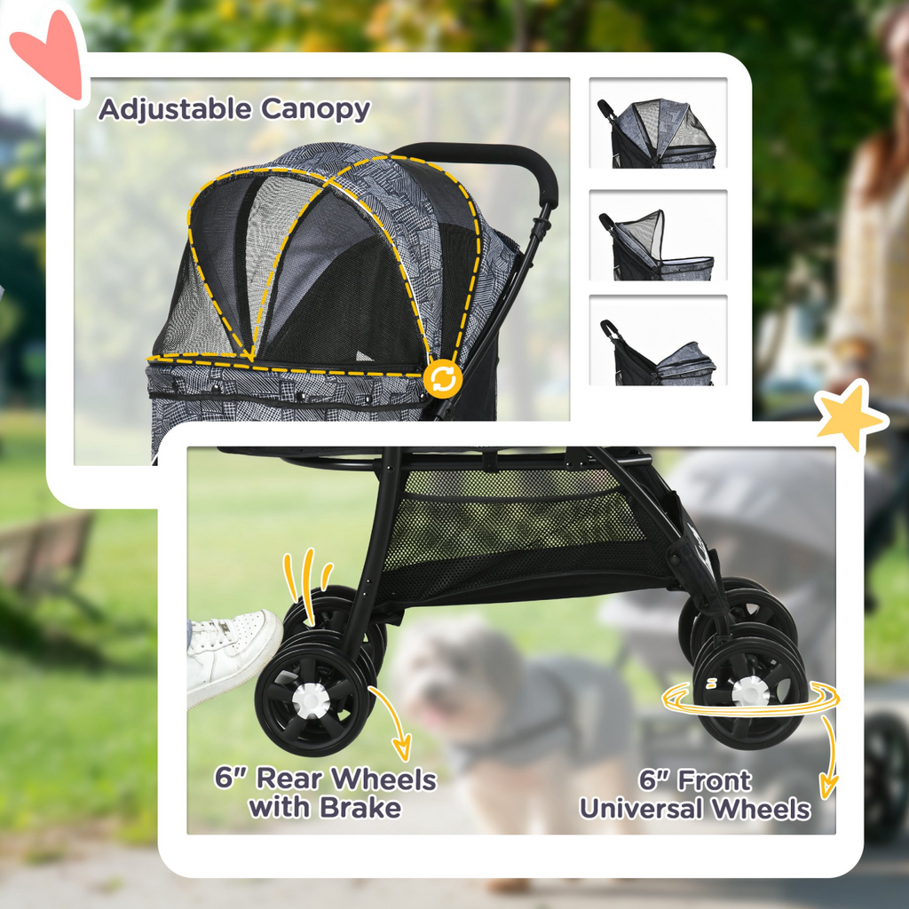 PawHut Foldable Dog Stroller with Carriage, Brakes & Universal Wheels - Grey