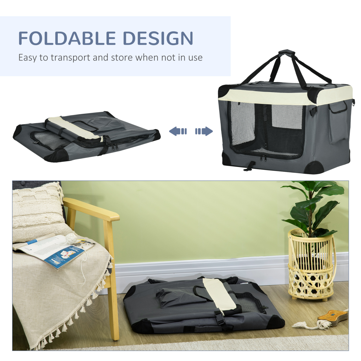 70cm Foldable Pet Carrier with Cushion - Cozy Grey for Small Dogs & Cats