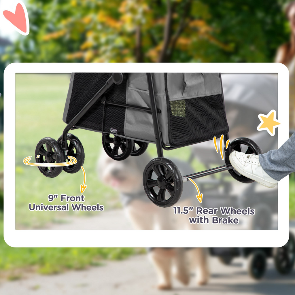 PawHut One-Click Foldable Pet Stroller with Mesh Windows for Small Dogs - Grey