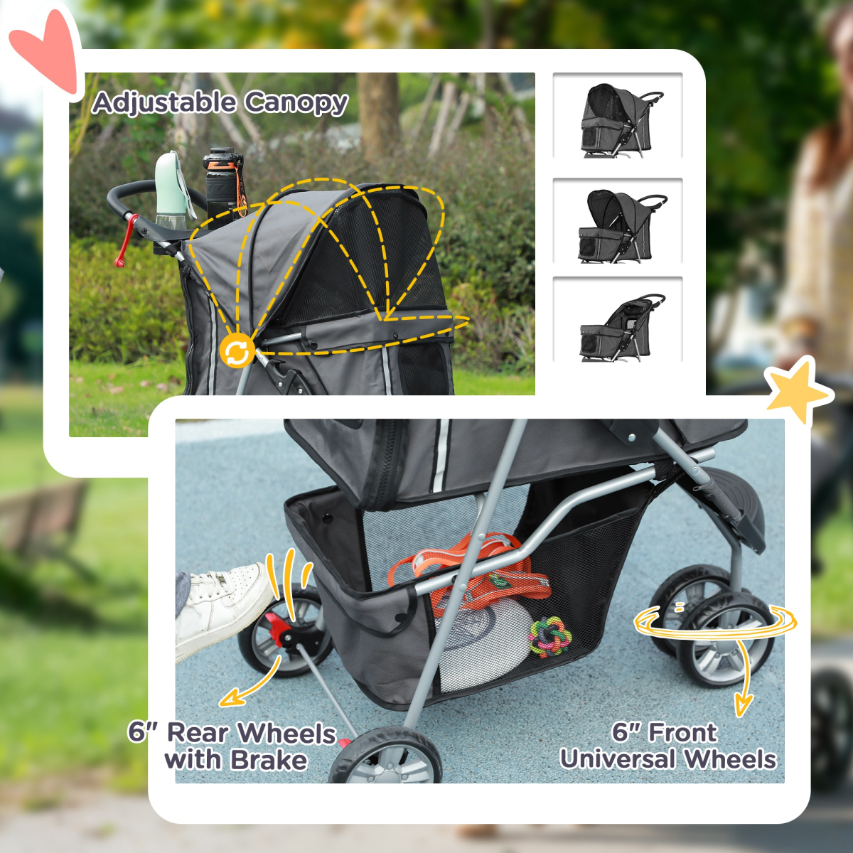 PawHut 3-Wheel Pet Stroller for Cat & Small Dog, Dark Grey