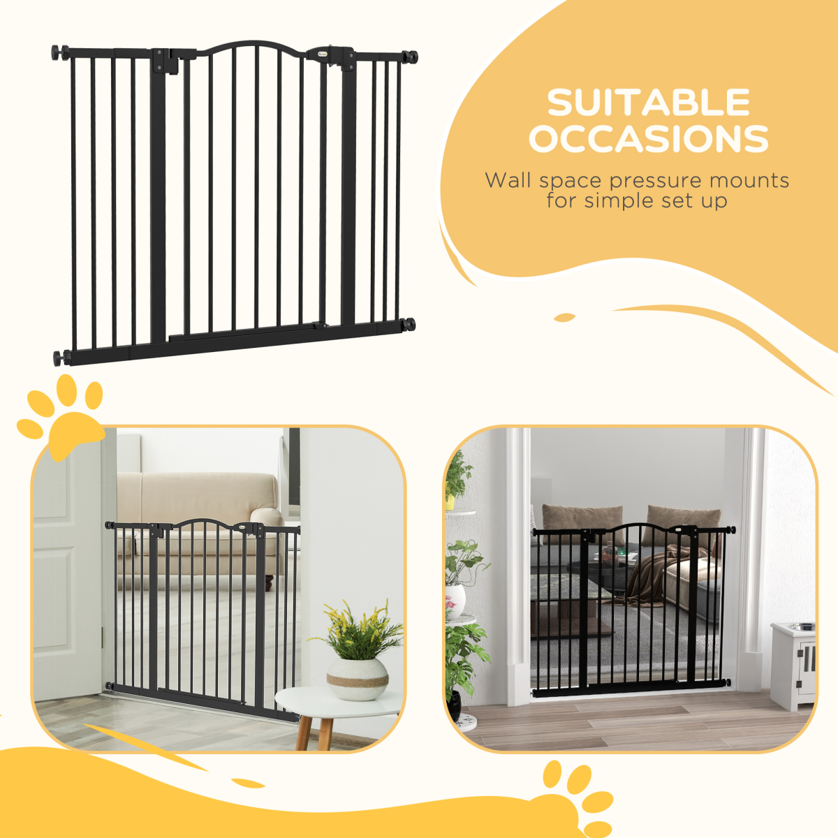 PawHut Adjustable 74-100cm Metal Pet Gate with Auto-Close, Black