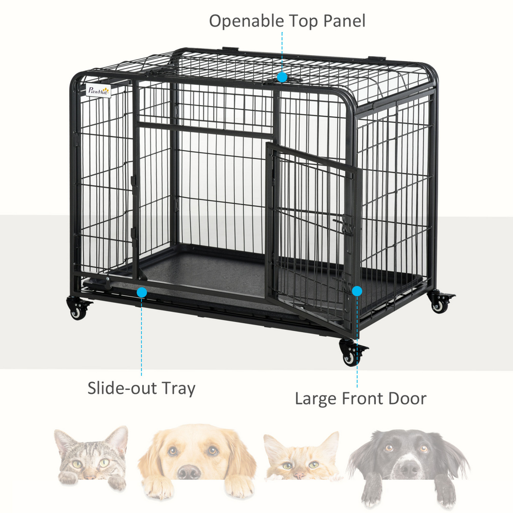 PawHut Metal Dog Cage Kennel 69.5x94cm with Locking Door & Wheels